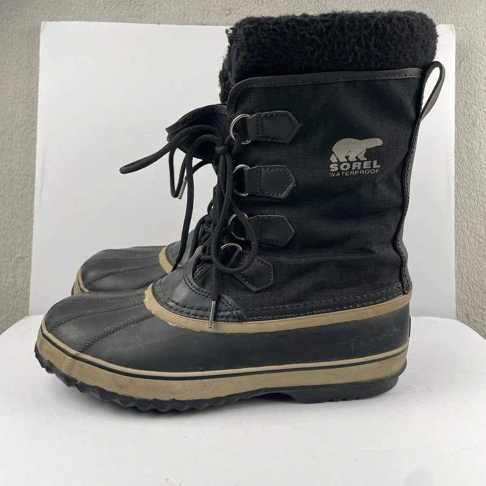 Sorel WaterProof Rain Boots Black Ripstop Lace Up Lined Duck - Mens Size 10